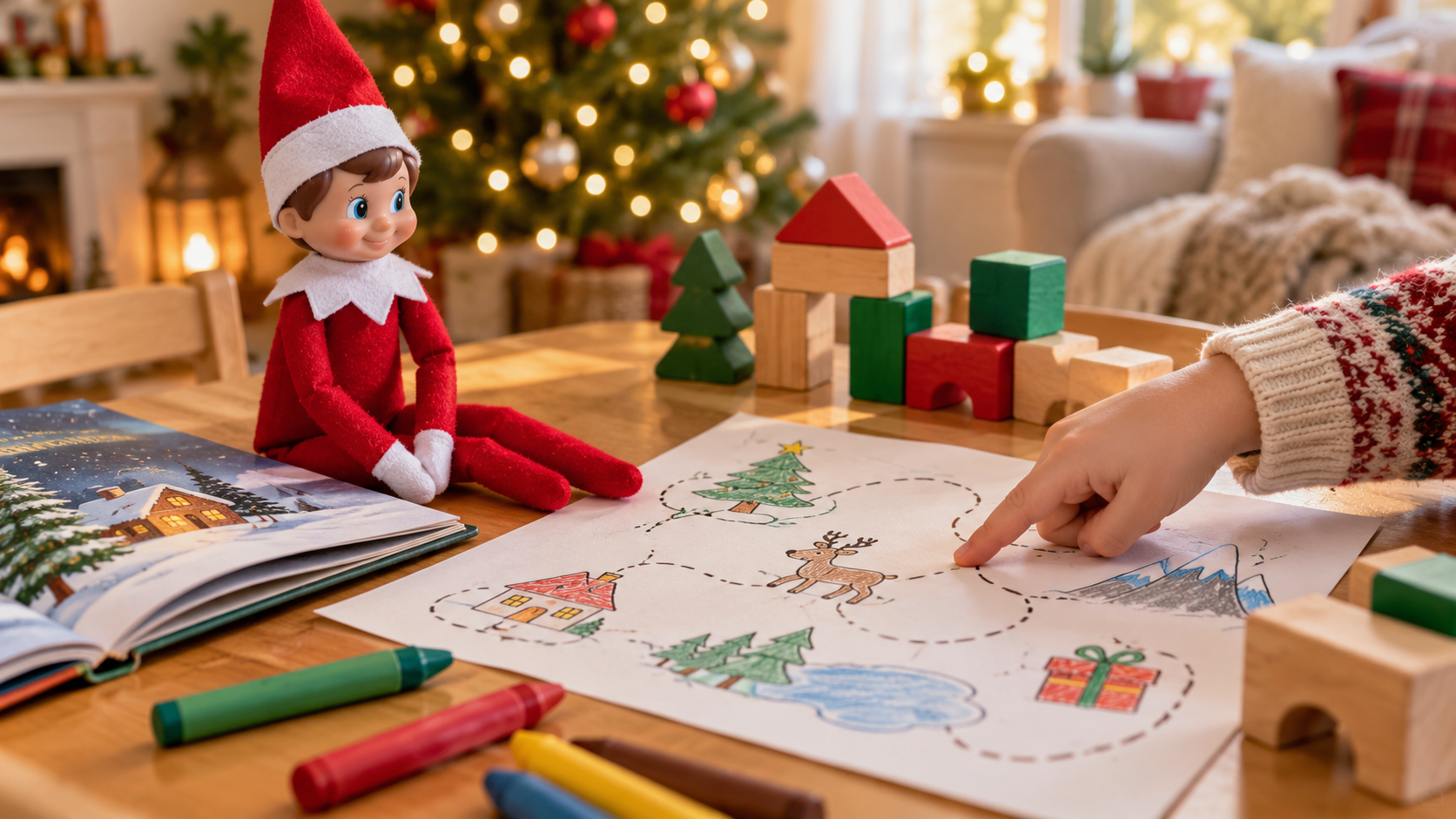 Elfo navideño junto a un mapa ilustrado, un cuento, ceras gruesas y bloques grandes