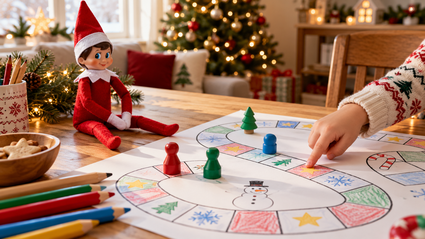 Elfo navideño junto a un tablero de juego dibujado en papel y fichas grandes de madera