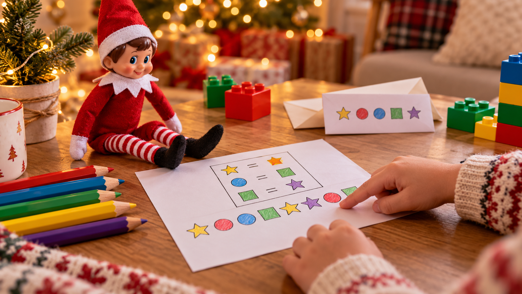 Elfo navideño junto a un mensaje cifrado con figuras grandes, lápices y bloques de construcción