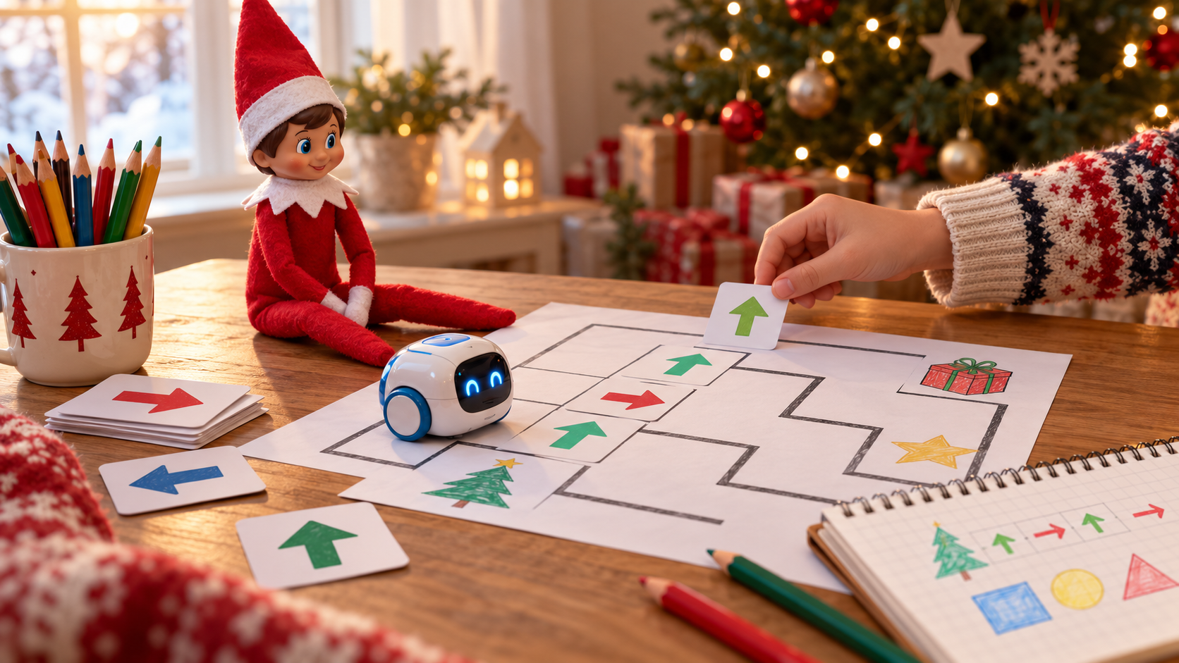 Elfo navideño junto a un laberinto de papel, tarjetas con flechas y un pequeño robot educativo
