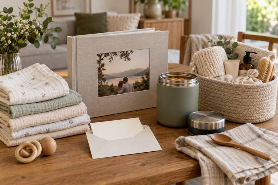 Regalos prácticos para una familia con recién nacido: muselinas, álbum de fotos, recipiente térmico y cesta de cuidados