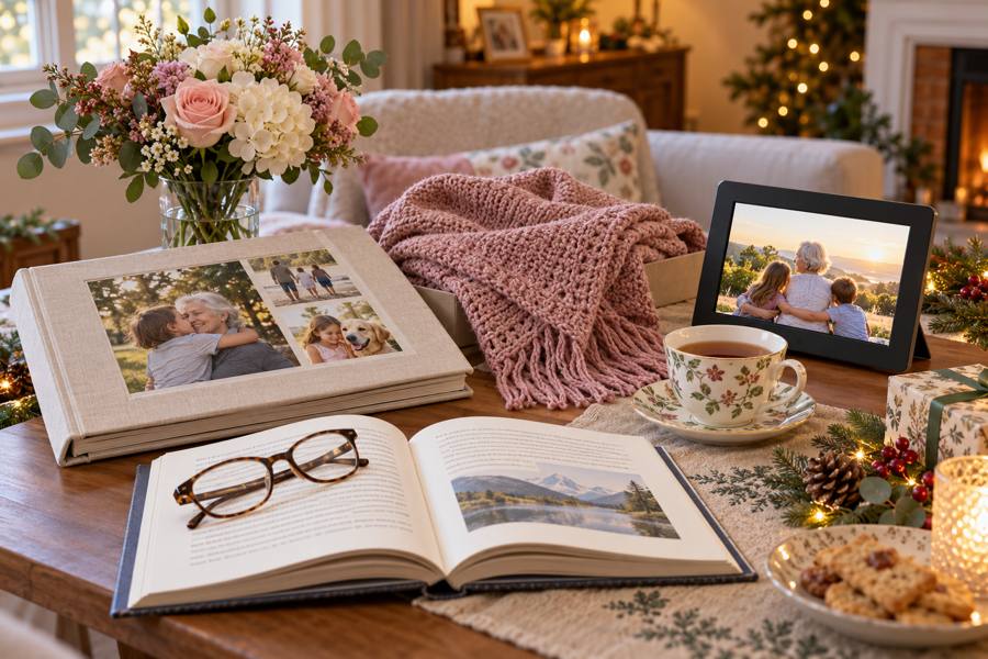 Ideas de regalo para una abuela con álbum de fotos familiar, manta, libro, taza y marco digital