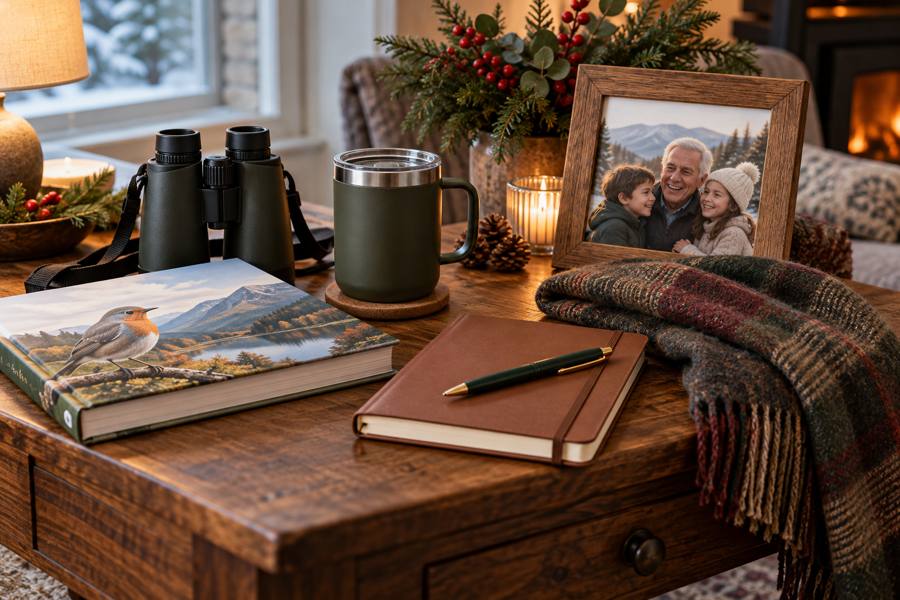 Ideas de regalo para un abuelo con prismáticos, libros de naturaleza, taza térmica, cuaderno y bufanda