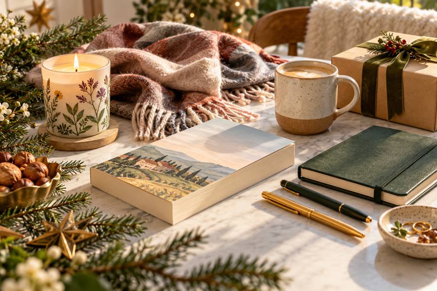Ideas de regalo para una amiga con libro, vela, taza, cuaderno, bolígrafos y una caja envuelta