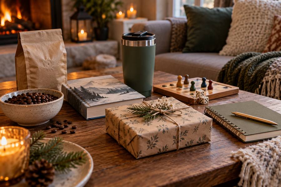Ideas para regalar a amigos con café, libro, juego de mesa, taza de viaje y paquete envuelto