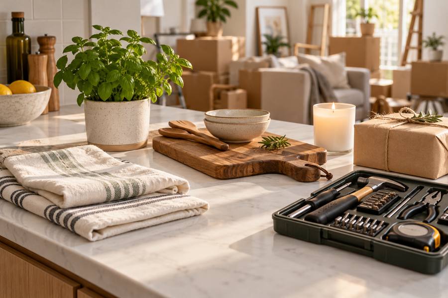 Regalos prácticos para una casa nueva con paños de cocina, planta, tabla de madera, vela y caja de herramientas