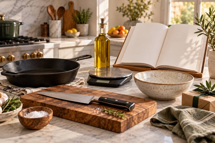 Ideas de regalo para cocinar con sartén, báscula digital, cuchillo, aceite, libro de recetas y cuenco