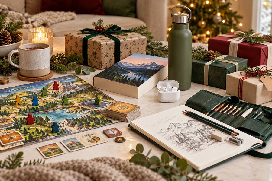 Ideas de regalos para hermanos con juego de mesa, libro, botella, auriculares y materiales creativos