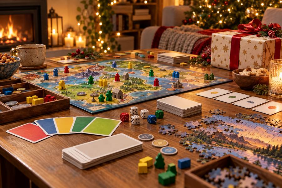 Tablero de juego de mesa con fichas y cartas genéricas preparado para una partida junto a un regalo