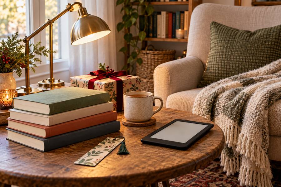 Rincón de lectura con libros, lámpara, lector electrónico, marcapáginas, taza y regalo envuelto