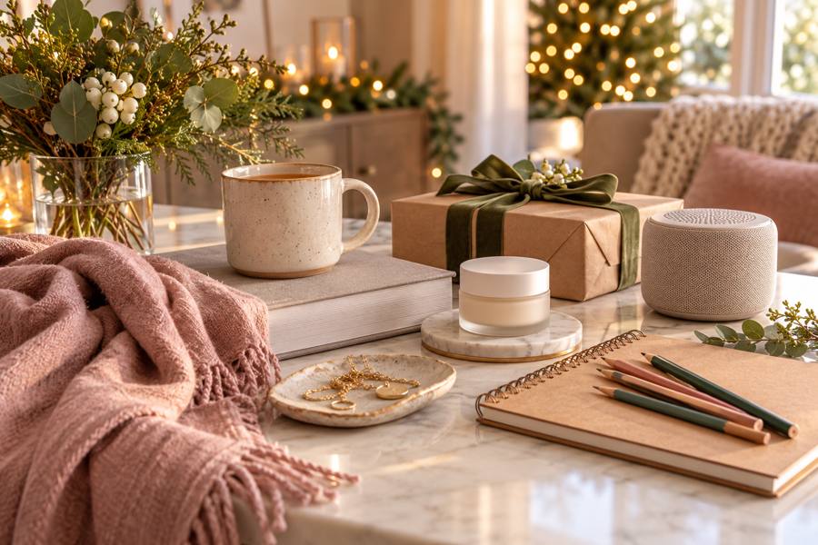 Selección de regalos para una madre con libro, taza, bufanda, cuaderno creativo y pequeño altavoz