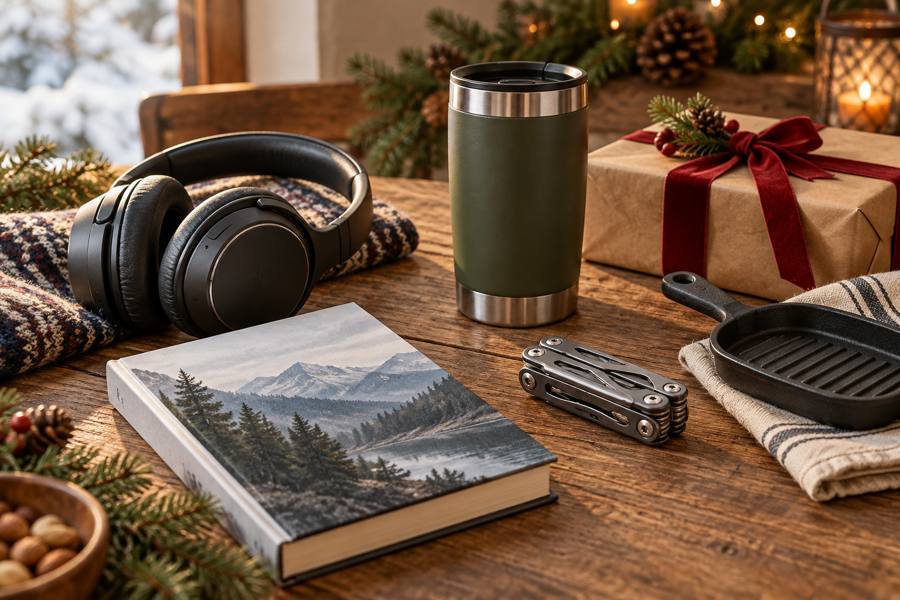 Selección de regalos para un padre con auriculares, libro, taza térmica y accesorio de cocina