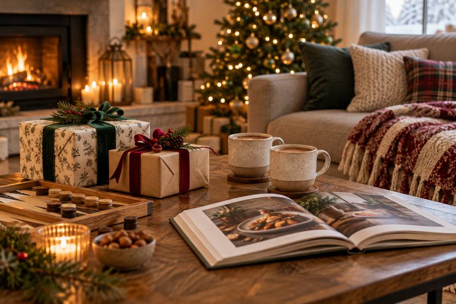 Regalos para compartir en pareja con juego de mesa, dos tazas y un libro de recetas junto a paquetes