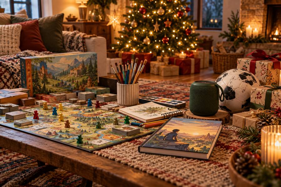 Ideas de regalos para primas y primos con juego de mesa, materiales de dibujo, libros, pelota y altavoz