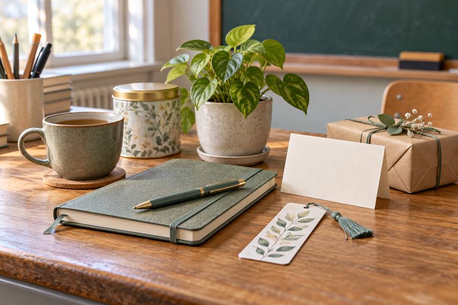 Detalle de agradecimiento para un profesor con cuaderno, bolígrafo, té, planta y tarjeta en blanco