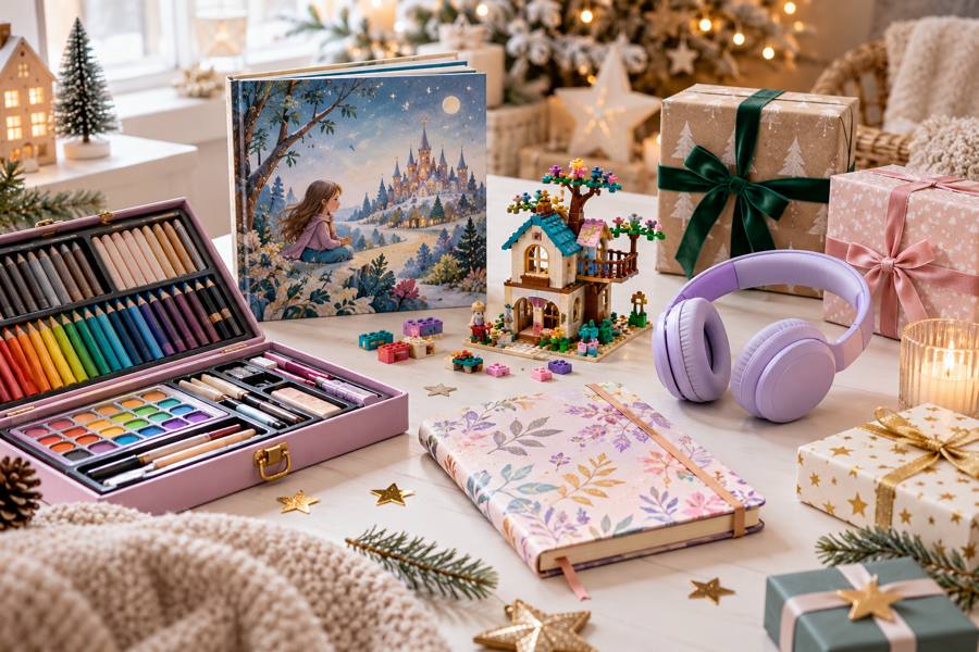 Ideas de regalos para sobrinas de diferentes edades con materiales de dibujo, libro, juego de construcción y auriculares