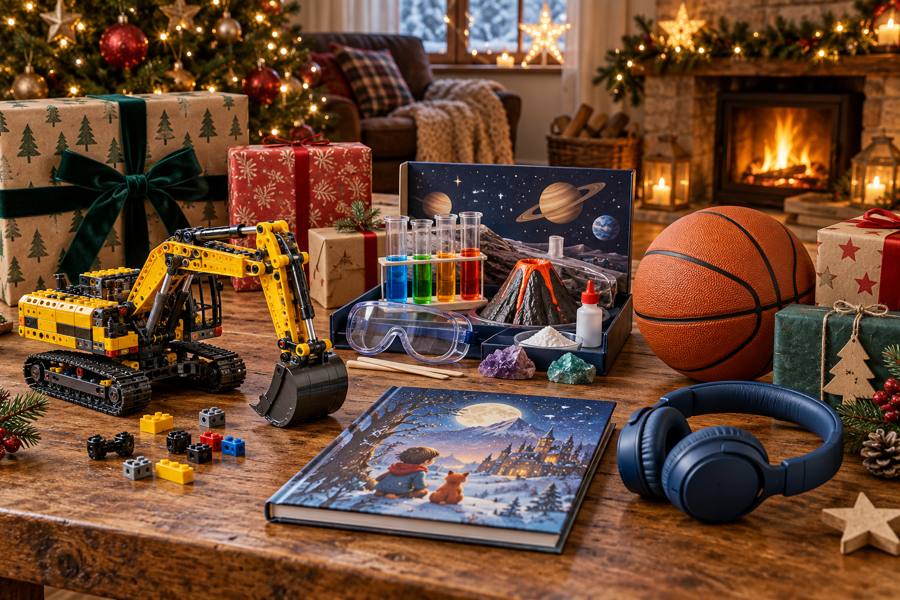 Ideas de regalos para sobrinos de distintas edades con construcción, libro, kit de ciencia, pelota y auriculares