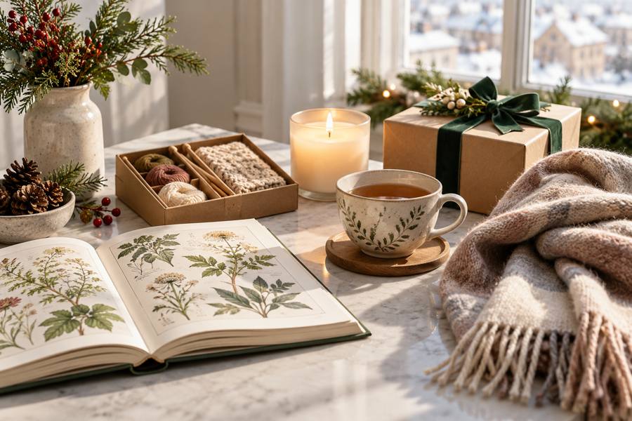 Selección de regalos para una tía con libro de botánica, taza, kit creativo, bufanda y caja envuelta