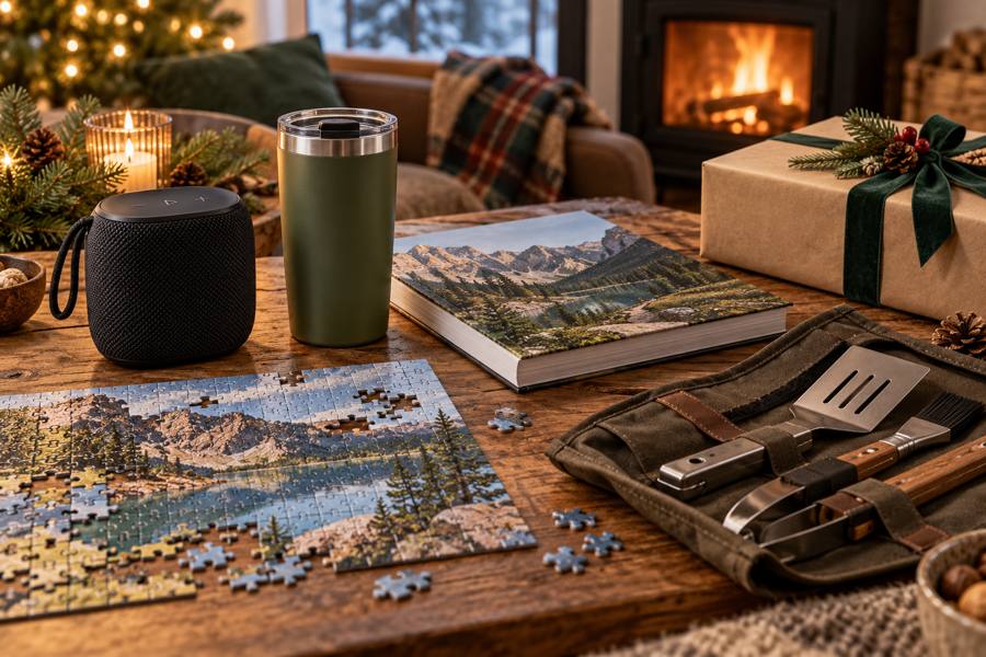 Ideas de regalo para un tío con altavoz, libro de naturaleza, taza térmica, puzle y accesorio de cocina