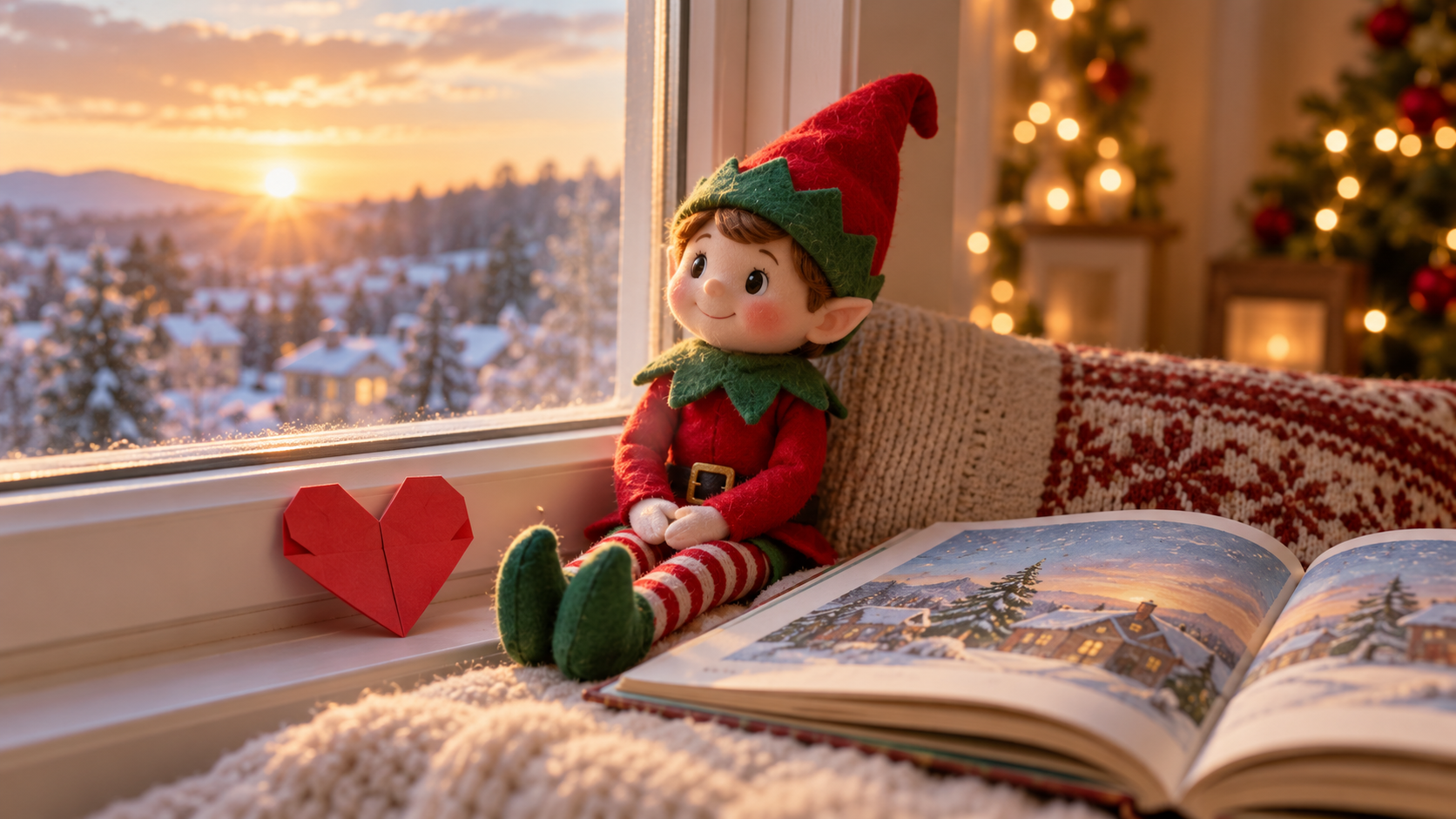 Muñeco de elfo navideño junto a un corazón de papel y un libro ilustrado en una ventana iluminada por el amanecer