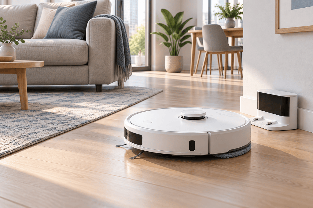 Robot aspirador redondo con paño de fregado junto a su base de carga en un salón luminoso
