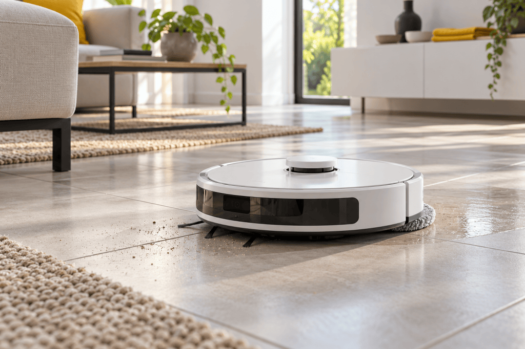 Robot aspirador redondo con accesorio de fregado sobre un suelo claro junto a una base de carga
