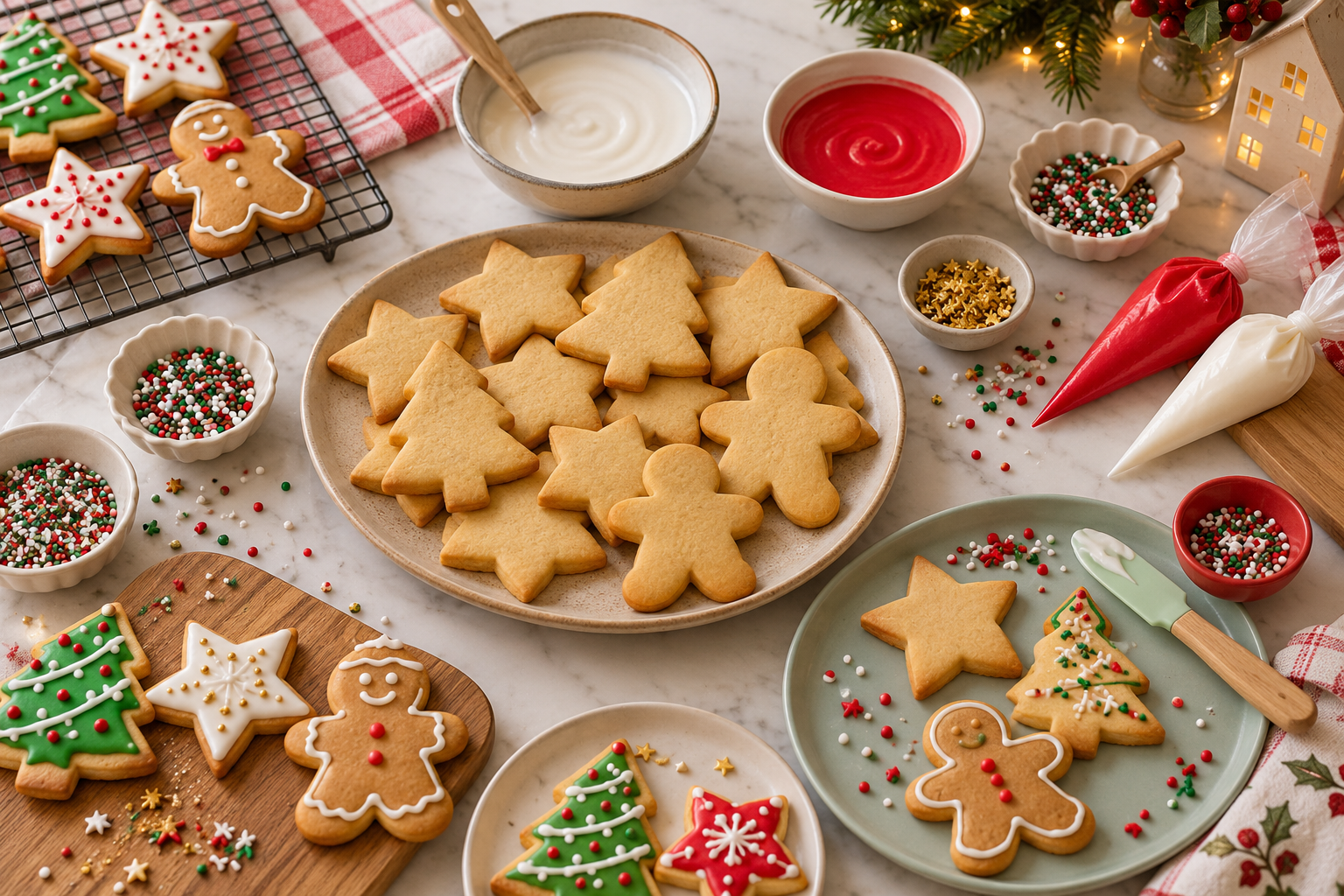 Galletas navideñas, glaseado de colores, mangas pasteleras y sprinkles preparados para decorar en familia