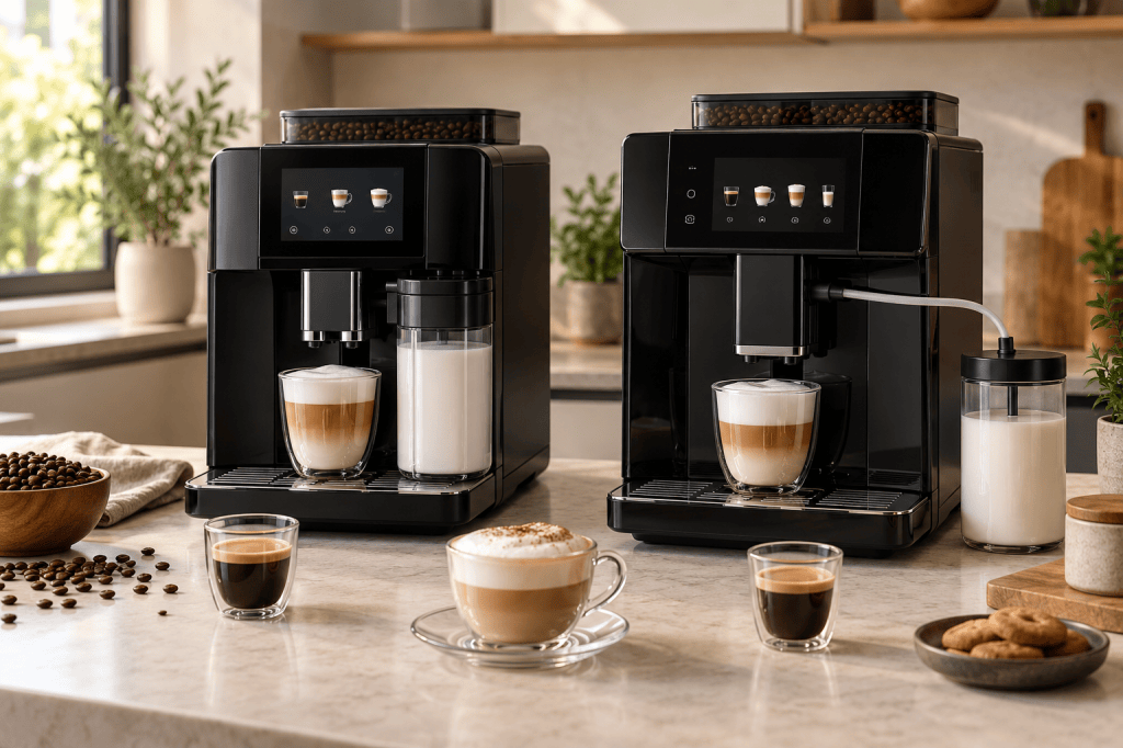 Dos cafeteras superautomáticas con paneles frontales y sistemas automáticos para bebidas con leche