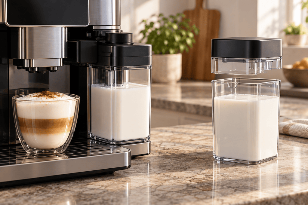 Comparación visual de una jarra LatteCrema y un sistema de leche desmontable en dos piezas