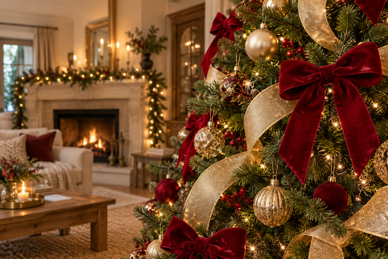 Árbol de Navidad decorado con lazos de terciopelo rojo y cintas doradas
