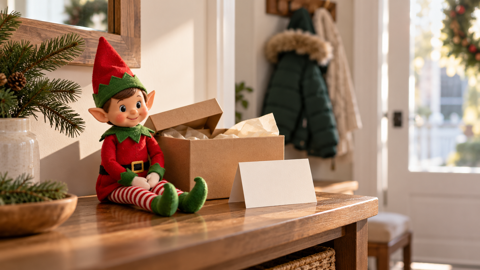Muñeco de elfo navideño sentado junto a una caja abierta y una tarjeta de bienvenida en una mesa de entrada