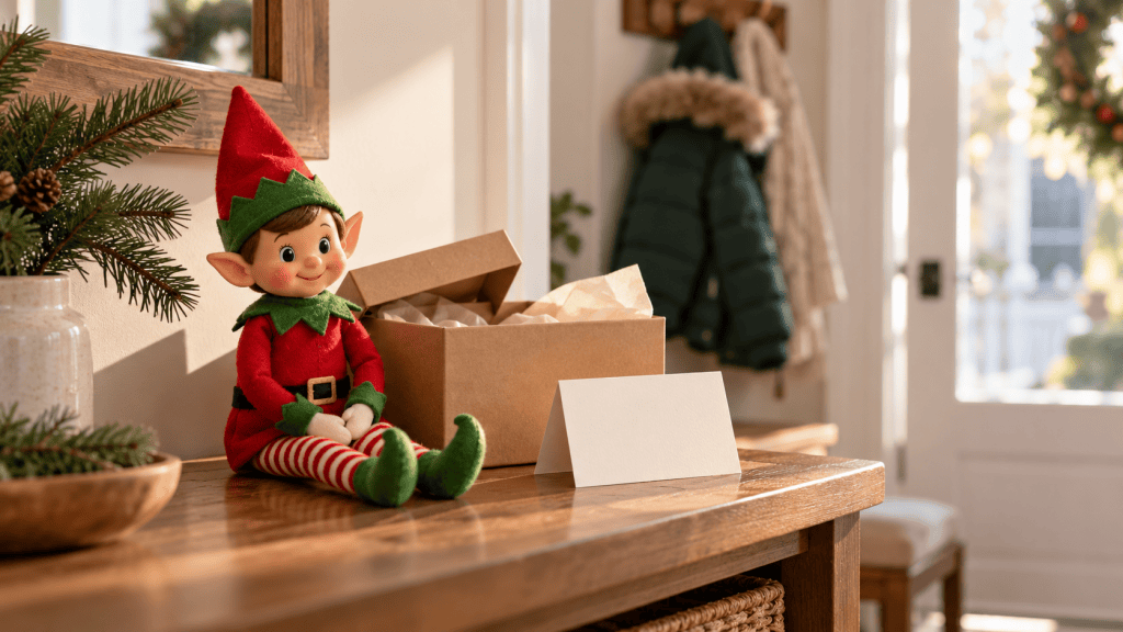 Muñeco de elfo navideño sentado junto a una caja abierta y una tarjeta de bienvenida en una mesa de entrada