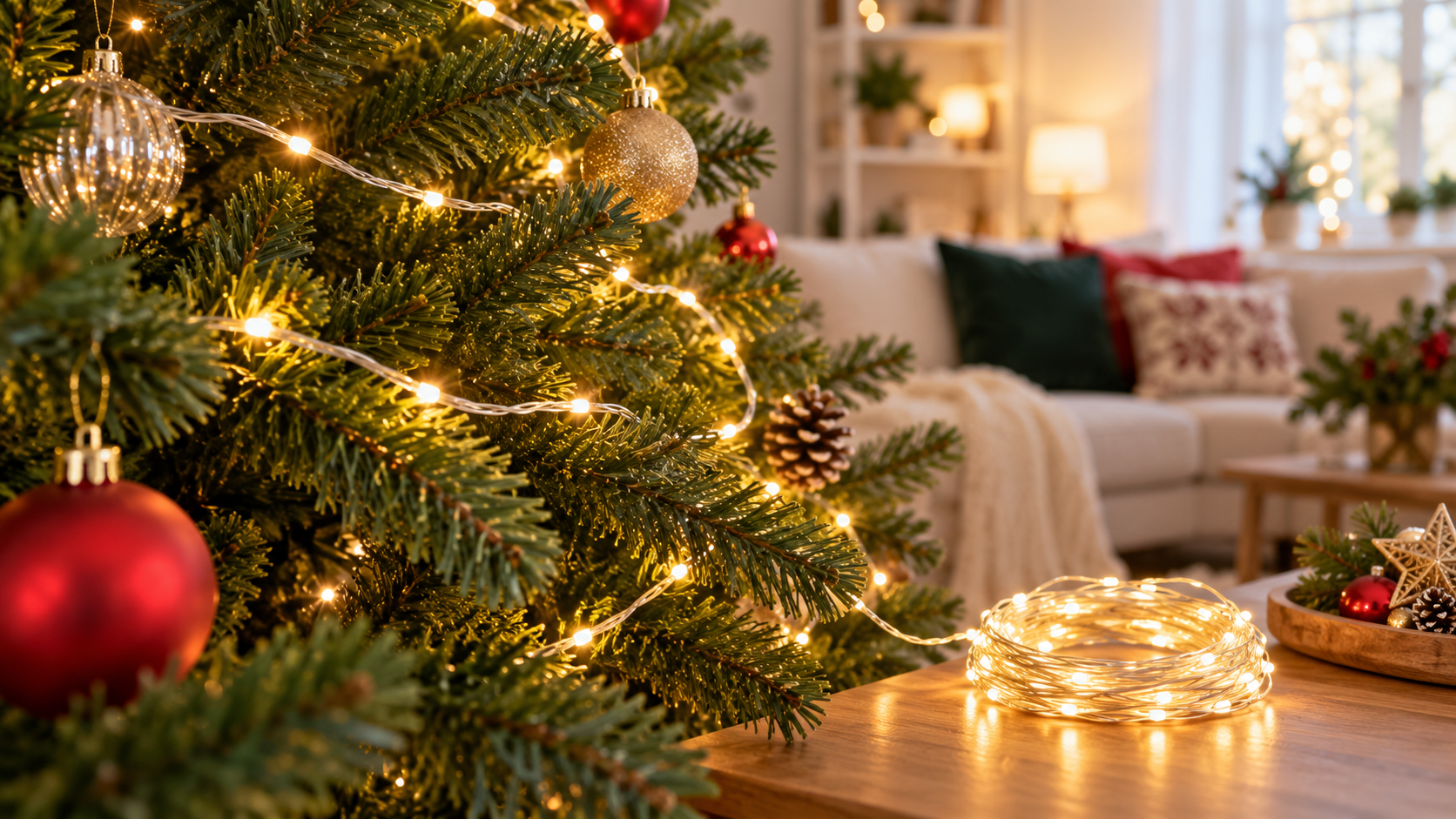 Guirnalda de luces blancas cálidas enrollada en una rama de árbol navideño y sobre una mesa