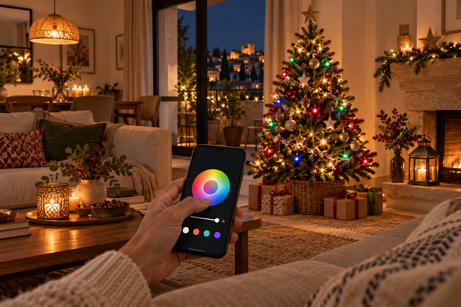 Árbol de Navidad con luces de colores y un móvil con controles de iluminación