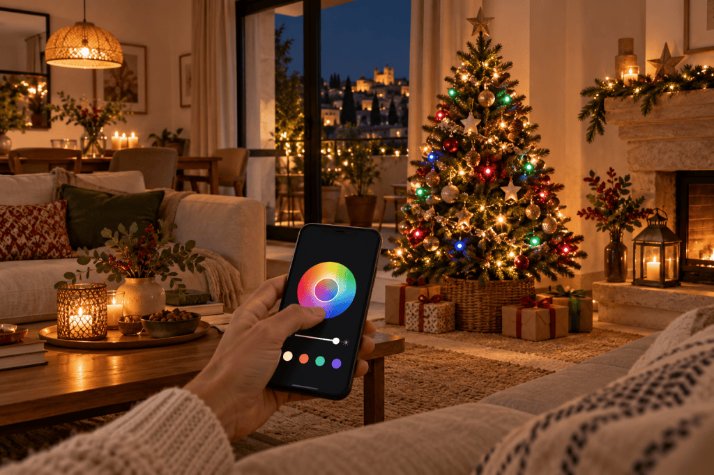 Árbol de Navidad con luces de colores y un móvil con controles de iluminación
