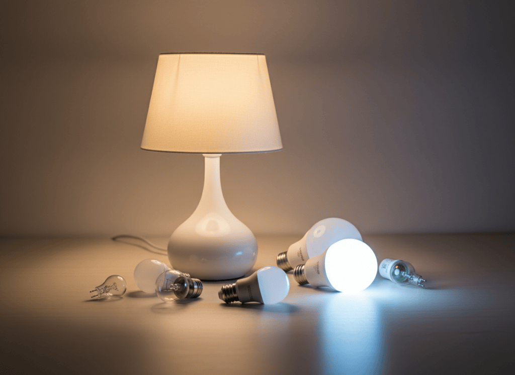 Bombillas LED y una lámpara encendida