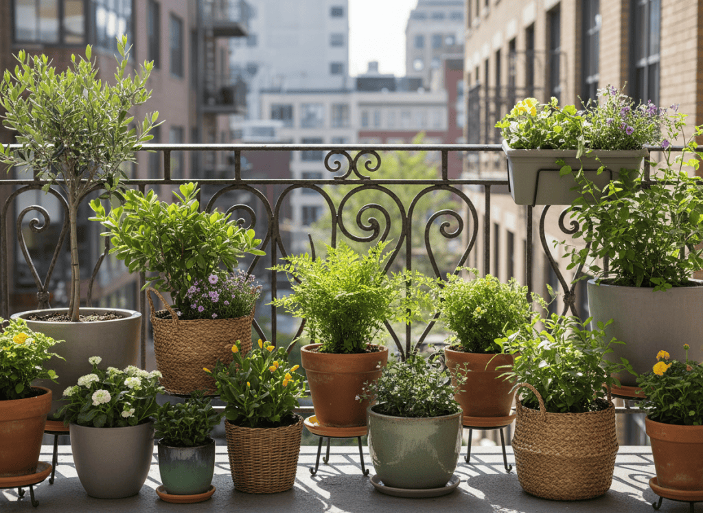 Balcón urbano luminoso con varias macetas de distintos tamaños y materiales, todas con plantas sanas y drenaje adecuado, fotografía editorial realista, sin texto ni marcas. Tonos naturales, encuadre horizontal para portada web.