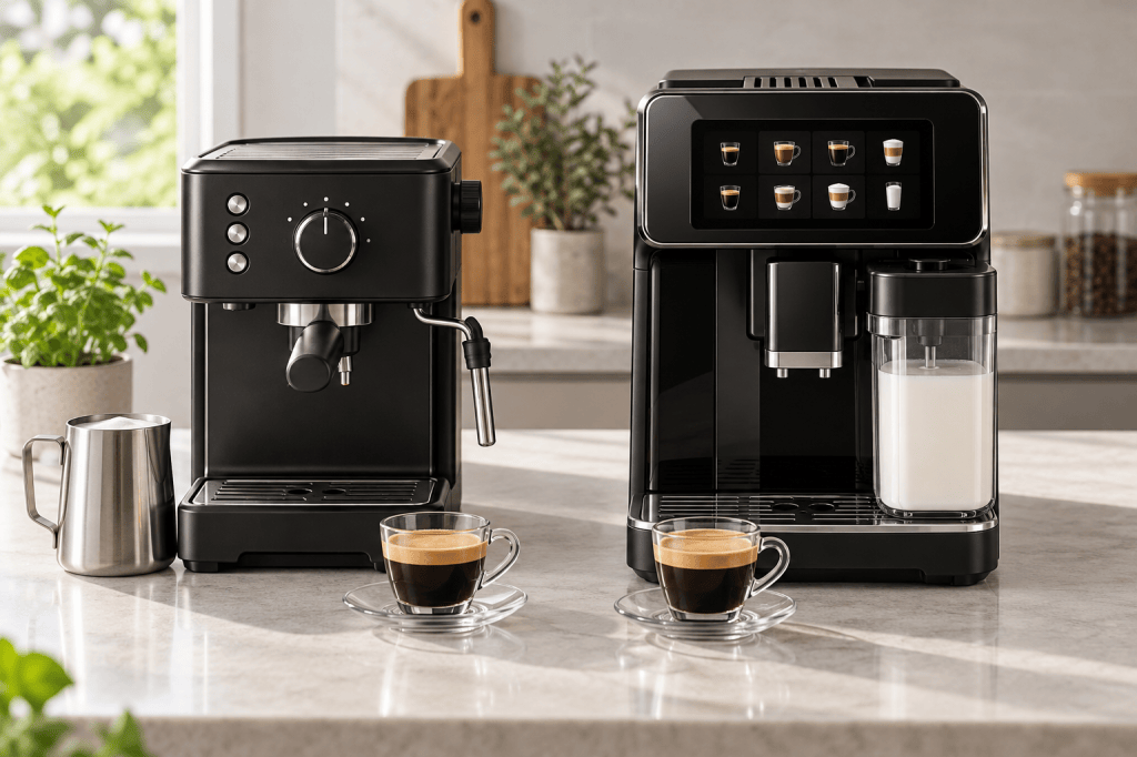 Dos cafeteras superautomáticas comparadas: una con controles físicos y vaporizador manual y otra con panel táctil y jarra de leche