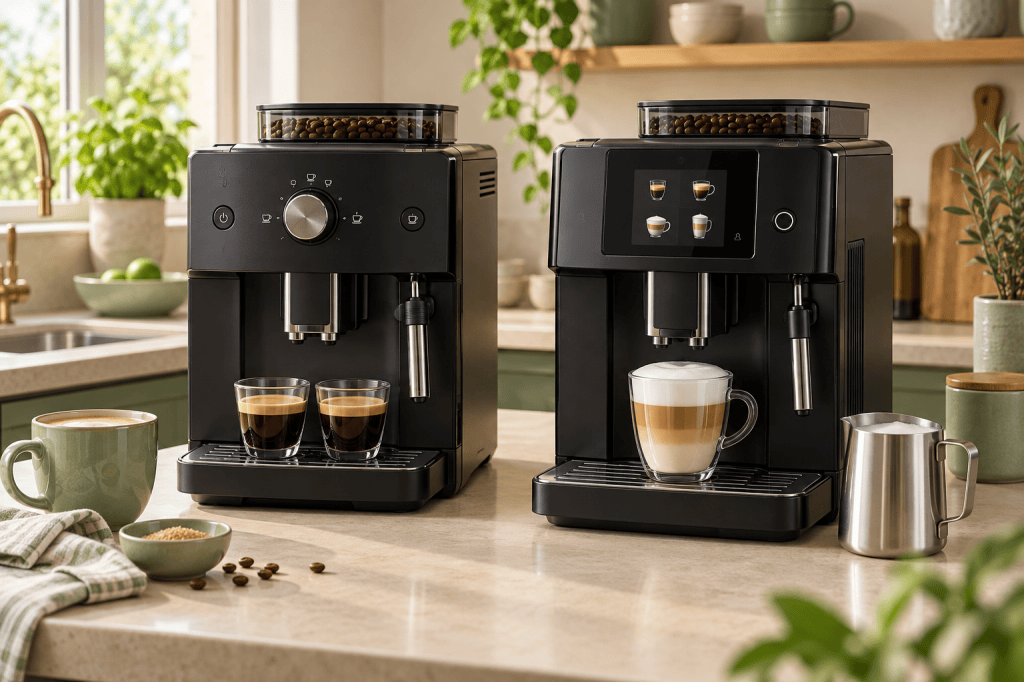Dos cafeteras superautomáticas con molinillo integrado y varilla de vapor manual