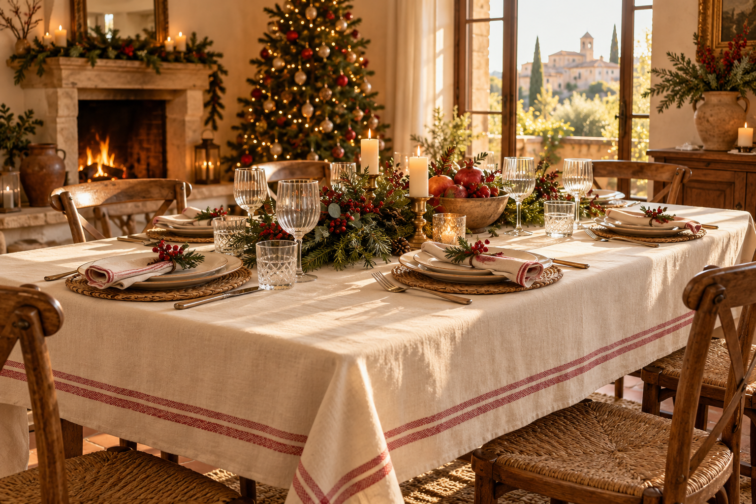 Mantel navideño de lino claro con borde rojo sobre una mesa preparada para una comida familiar