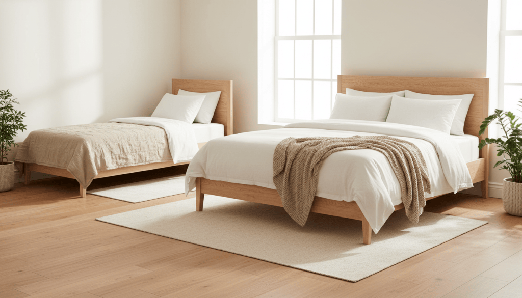 Cama individual y cama de matrimonio para ilustrar medidas de colchón