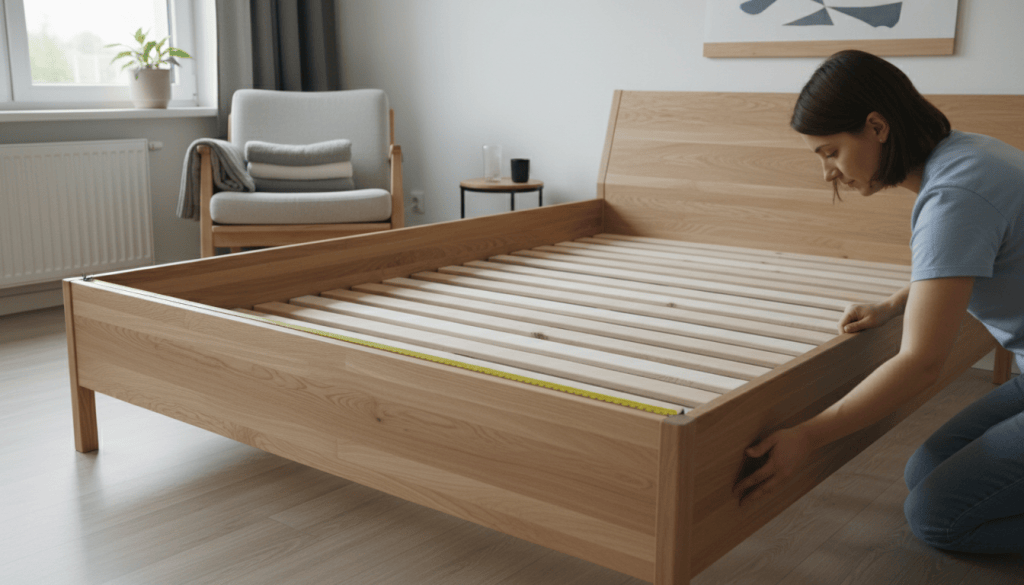 Cinta métrica midiendo el largo interior de una base de cama antes de comprar colchón