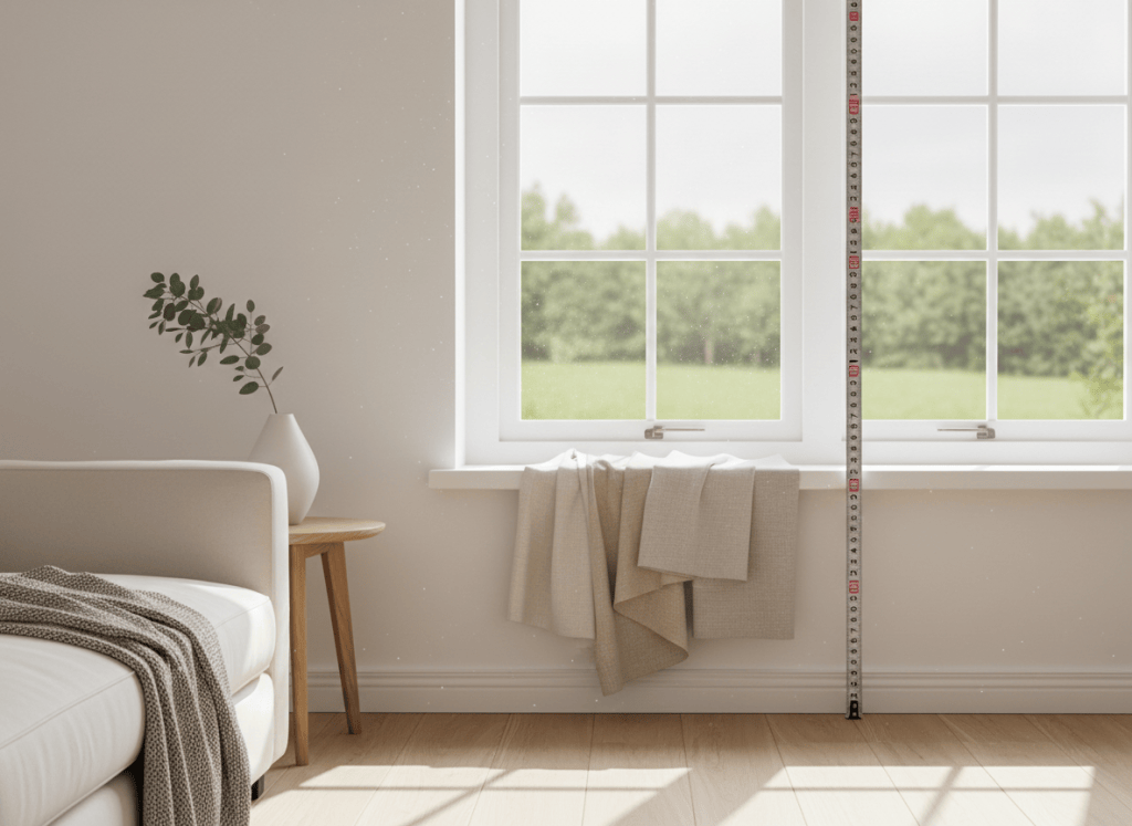 Ventana y cinta métrica para calcular cortinas