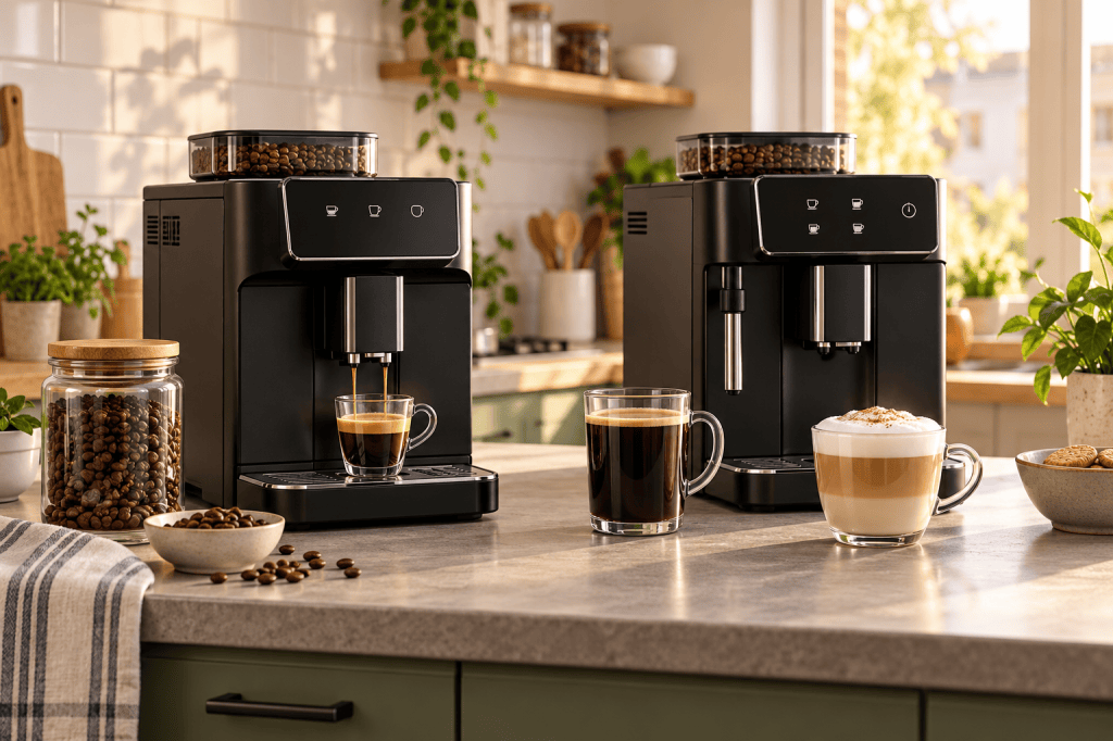 Dos cafeteras superautomáticas compactas con molinillo de café en grano sobre una encimera