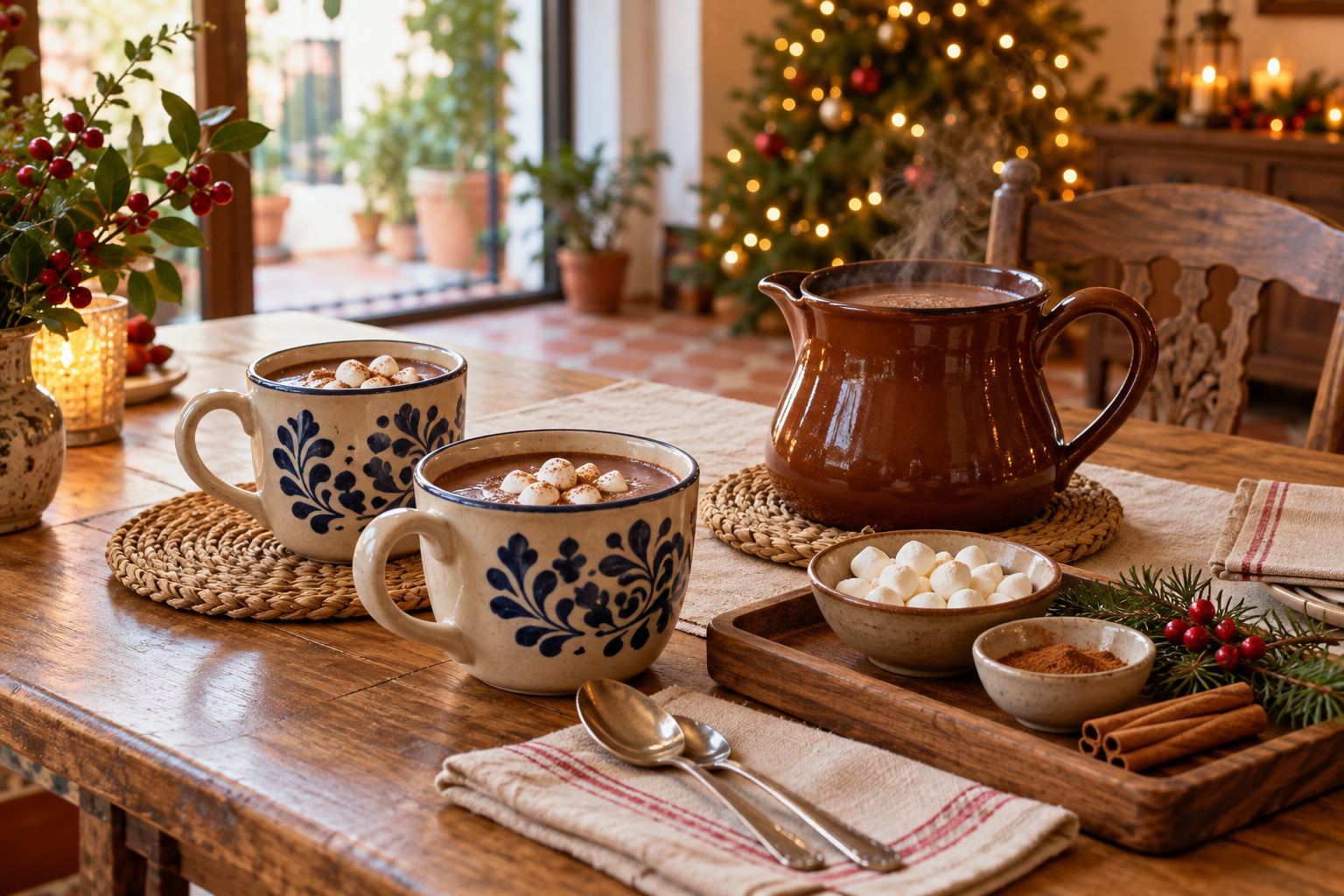 Jarra de chocolate caliente, tazas de cerámica y cuencos con nubes y canela en una mesa navideña