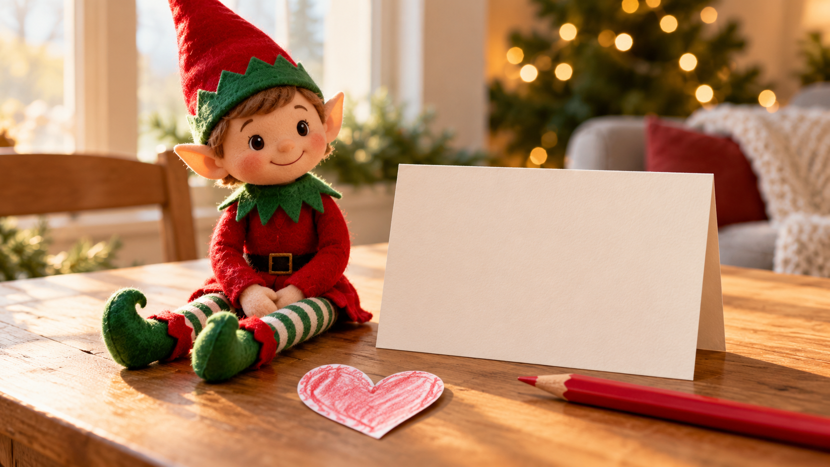 Muñeco de elfo navideño junto a una tarjeta en blanco, un corazón de papel y un lápiz rojo