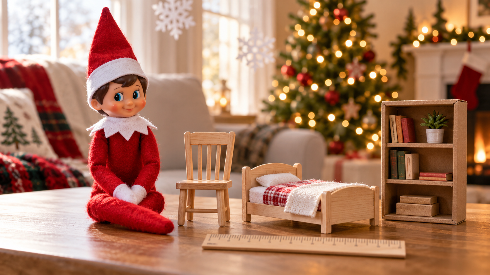 Elfo navideño junto a una silla, una cama y una estantería en miniatura