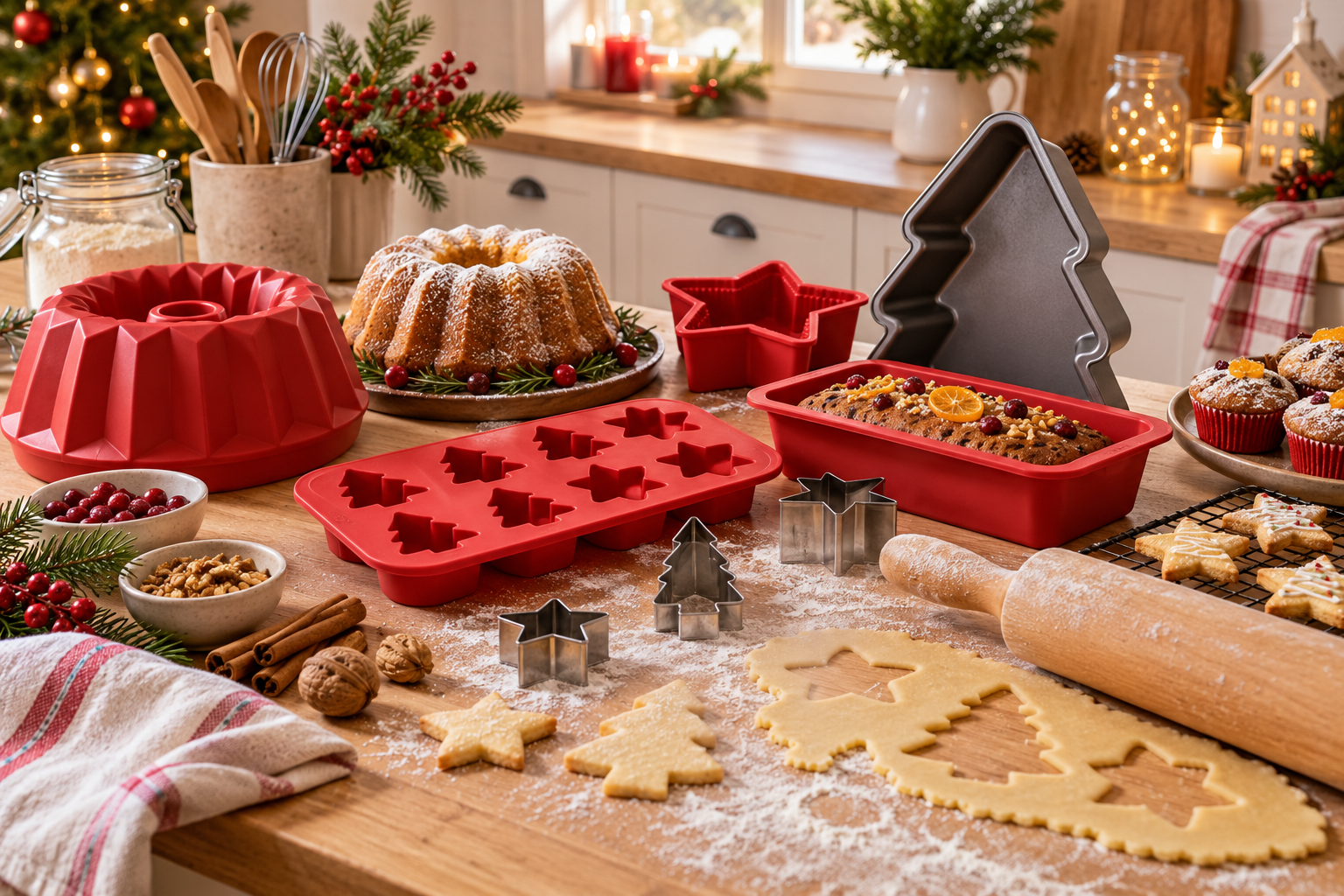 Moldes rojos de silicona y moldes metálicos para preparar dulces navideños en casa