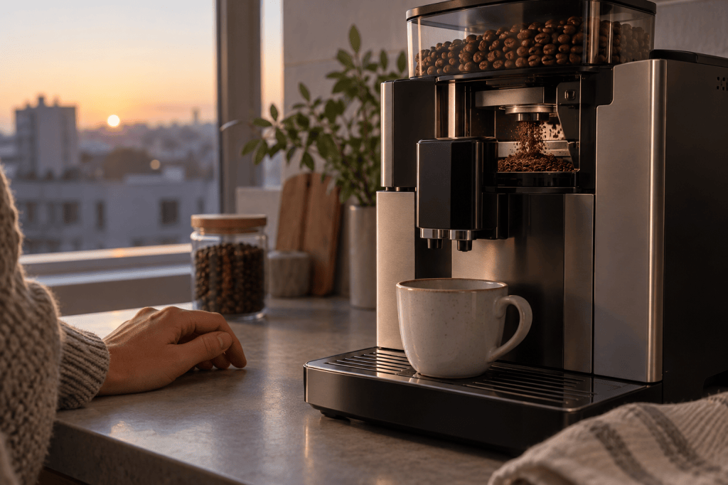 Cafetera superautomática muele granos de café en una cocina tranquila por la mañana