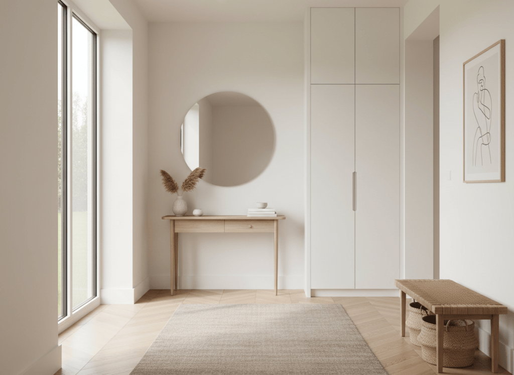 Mueble estrecho y almacenaje en un recibidor pequeño